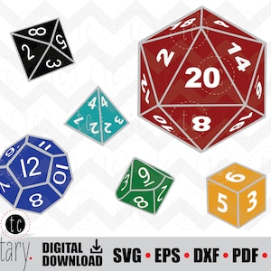 May include: A set of six colourful dice with silver outlines. The dice are numbered 4, 6, 8, 12, and 20. The dice are on a white background with a chevron pattern.