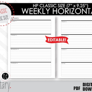 May include: Editable weekly planner template in horizontal format, designed for a 7 inch by 9.25 inch classic disc planner. The template is labelled with the days of the week, Monday through Sunday, and includes a notes section. The template is labelled "Editable!" and "Digital PDF Download".