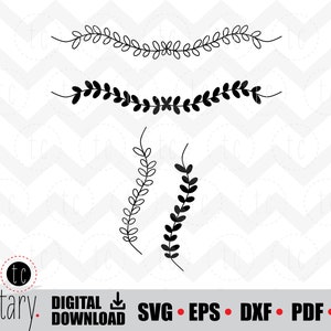 May include: Three black and white floral designs. The top two designs are horizontal lines of leaves and the bottom design is two vertical lines of leaves.