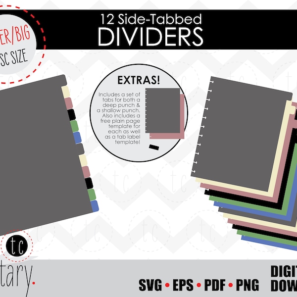 DIY 12 Side-Tabbed Letter (Big) Disc Bound Planner Dividers | Notebook Calendar Binder Tabs | svg • eps • pdf • png