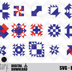 May include: A set of 15 quilt block patterns in red, white, and blue. The patterns are arranged in three rows of five blocks each. Each block is a square with a different geometric design.