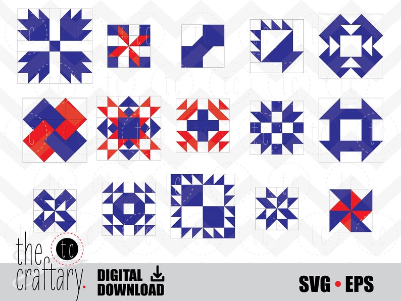 May include: A set of 15 quilt block patterns in red, white, and blue. The patterns are arranged in three rows of five blocks each. Each block is a square with a different geometric design.