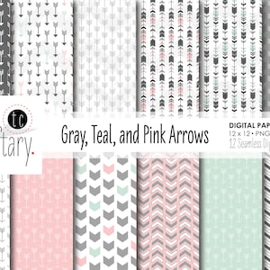 May include: A digital paper pack with 12 seamless patterns featuring grey, teal, and pink arrows. The patterns are 30.5 cm by 30.5 cm and 300 DPI.