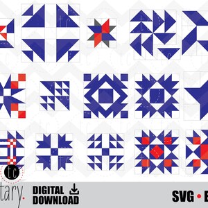 May include: A set of 12 quilt block patterns in red, white, and blue. The patterns are made up of triangles and squares. The patterns are perfect for quilting, sewing, and crafting.