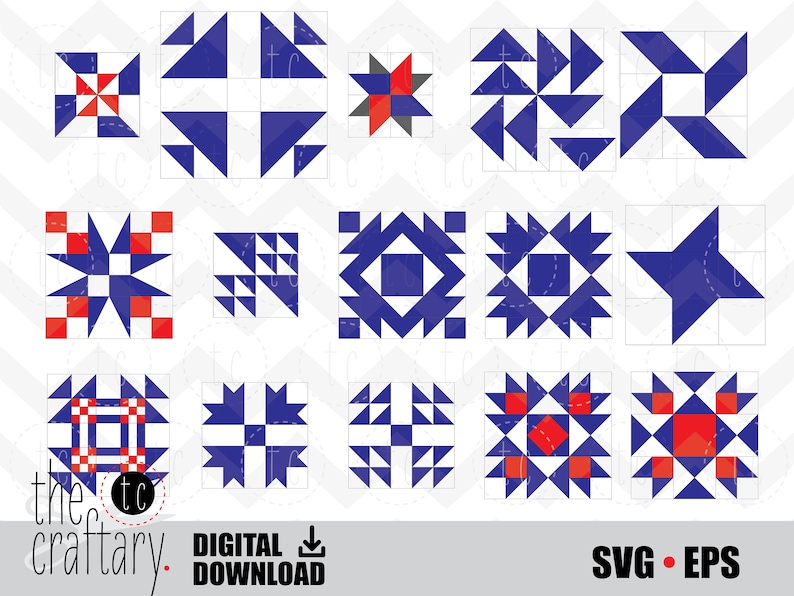 May include: A set of 12 quilt block patterns in red, white, and blue. The patterns are made up of triangles and squares. The patterns are perfect for quilting, sewing, and crafting.