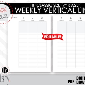 EDITIERBARE Wöchentlich linierte (vertikaler Stil) klassische Kalenderseiten Vorlage | Scheiben-Planer | Druckbare Beilage | Undatierte Happy Planner Refill