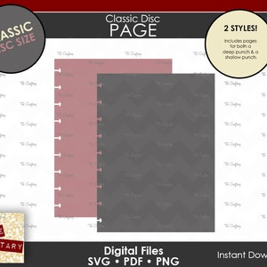 May include: Two printable pages for a classic disc planner. One page is a light pink color and the other is a dark gray color. Both pages include a pattern of small white squares. The text "Classic Disc Page" is at the top of the image. The text "2 Styles!" is in the top right corner of the image. The text "Includes pages for both a deep punch & a shallow punch." is below the text "2 Styles!" The text "Digital Files SVG PDF PNG" is at the bottom left of the image. The text "Instant Download" is at the bottom right of the image.