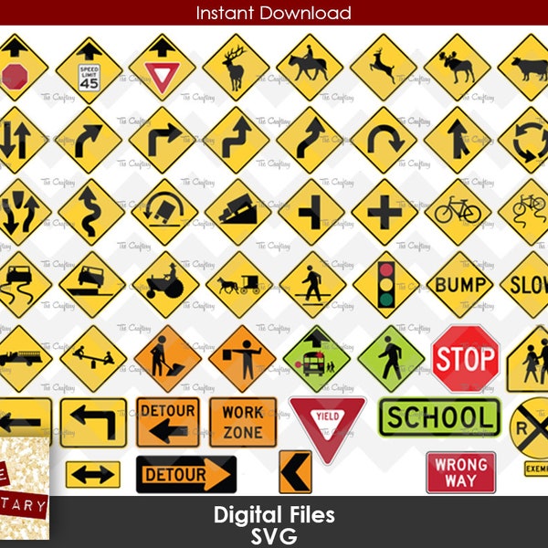 Road Signs Set 1 | Stop Yield Traffic Warning Caution Rail Road RR Crossing Signs | Template SVG