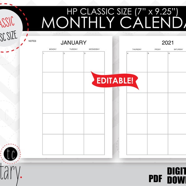 EDITABLE Monthly Layout Classic Calendar Pages Template | Disc Planner | Printable Insert | Undated Happy Planner Refill