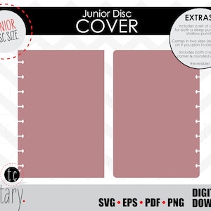 May include: Two printable templates for a junior disc cover. The covers are a light pink color and have a dotted line down the side for binding. The text "Junior Disc Cover" is at the top of the image. The text "EXTRAS!" is at the top right of the image. The text "SVG EPS PDF PNG DIGITAL DOWNLOAD" is at the bottom of the image.