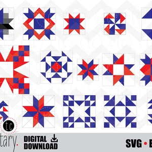 May include: A set of 15 digital quilt block patterns in red, white, and blue. The patterns are arranged in a grid and include a variety of geometric shapes, such as stars, squares, and triangles. The text "SVG - EPS" is at the bottom of the image.