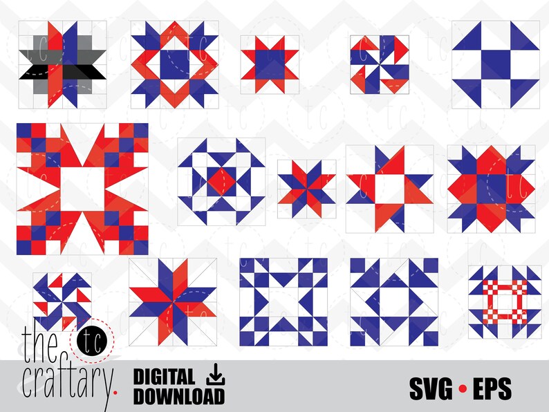 May include: A set of 15 digital quilt block patterns in red, white, and blue. The patterns are arranged in a grid and include a variety of geometric shapes, such as stars, squares, and triangles. The text "SVG - EPS" is at the bottom of the image.