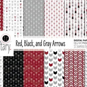 May include: A digital paper pack with 12 seamless digital papers featuring red, black, and grey arrow patterns. The papers are 12 inches by 12 inches and 300 DPI.