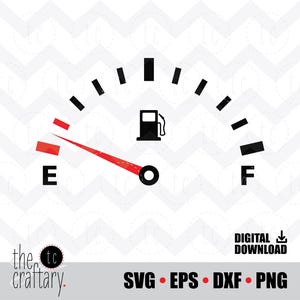 May include: A black and white fuel gauge with a red needle pointing to the 'E' for empty. The gauge has markings for 'E' and 'F' for full. The gauge is on a white background with a chevron pattern.