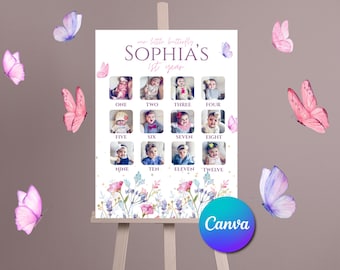 Póster fotográfico de primer cumpleaños de mariposa: Plantilla editable de Canva (descarga digital)