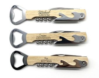 3 piece Set Groomsmen gift wedding Custom laser engraved corkscrew bottle opener Hand-Held Deluxe wine Bottle Opener