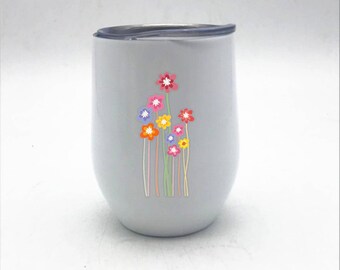 Flowers White 12 oz stainless steel wine coffee water tumbler with decal