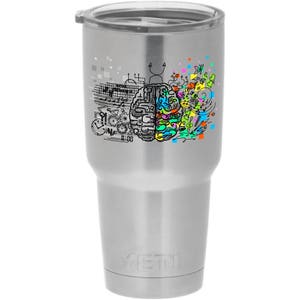 Peut inclure: Un gobelet isotherme Yeti en acier inoxydable avec un motif de cerveau coloré. Le cerveau est divisé en deux moitiés, l'une avec des engrenages et l'autre avec des notes de musique et d'autres motifs abstraits. Le gobelet a un couvercle argenté et le logo Yeti est imprimé sur le fond.