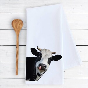 Kitchen dish towel Cow sticking tongue out funny cute dish Kitchen Decor farmhouse housewarming gift 100% COTTON