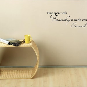 May include: A woven wicker side table with an oval shape. A yellow mug, a magazine, and dried lavender sit on top. The wall behind the table has the text: "Time spent with Family is worth every Second."