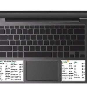 May include: A black laptop computer with a keyboard and a touchpad. There are three sticky notes on the laptop with instructions for using Microsoft Excel. The notes are labeled "Navigation", "General", "Formatting", and "Editing".