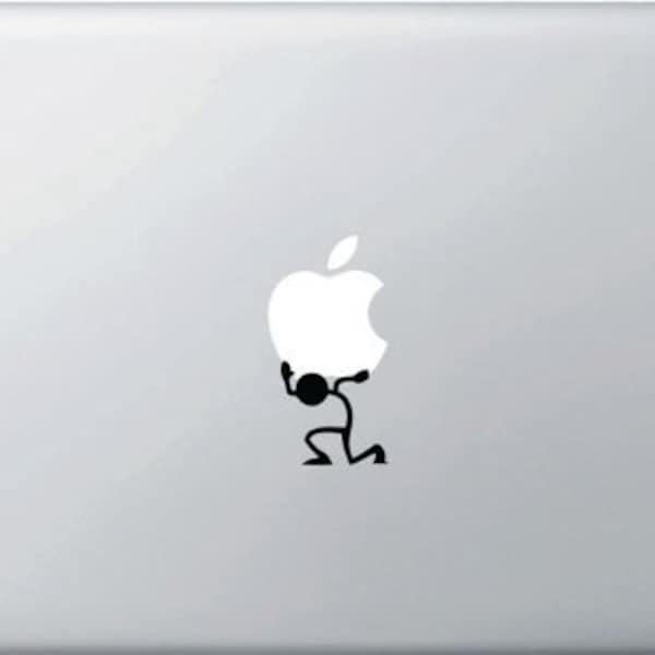 Macbook - Stick man carrying apple logo - funny car truck sticker cute puppy dog bumper sticker decal