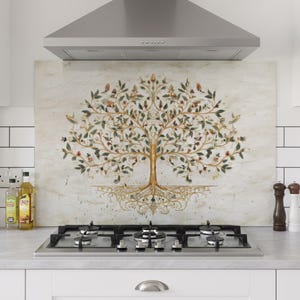 Salpicadero de vidrio templado con el Árbol de la Vida, protector contra salpicaduras para cocina, arte espiritual del árbol dorado, panel resistente al calor para cocina, decoración Yggdrasil