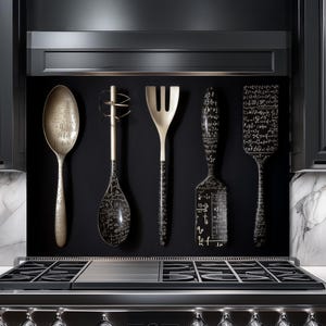 Puede incluir: Una cocina con una estufa de acero inoxidable y un protector contra salpicaduras negro que muestra utensilios de cocina decorativos. Los utensilios incluyen una cuchara, un batidor, un tenedor, una espátula y una espátula, cada uno con diseños y patrones únicos. Los gabinetes de cocina son negros con encimeras de mármol.