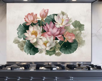 Lotus Flower Glass Kitchen Backsplash: Botanical Floral Panel