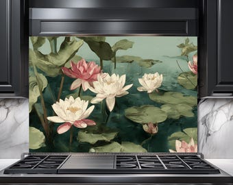 Lotus Flower Tempered Glass Backsplash – Artistic Kitchen Wall Decor