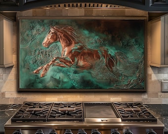 Tempered Glass Kitchen Backsplash, Copper Patina Galloping Horse