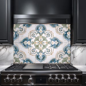 Mediterranean Tile Tempered Glass Backsplash – Blue & Green Kitchen Decor