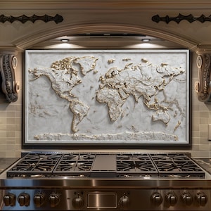 Könnte beinhalten: Eine große, gerahmte Reliefkarte der Welt mit goldenen Kontinenten vor einem weiß-grau marmorierten Hintergrund. Das Kunstwerk ist über einem Gasherd aus Edelstahl in einer Küche angebracht.