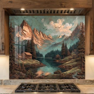 Mountain Lake Cabin Tempered Glass Backsplash, Rustic Lodge Decor