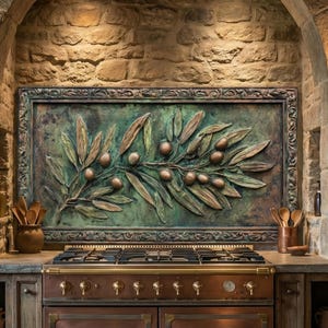 May include: A bronze-colored olive branch relief sculpture with green and brown tones, mounted above a copper-toned stove. The sculpture is framed and set against a textured stone wall, creating a rustic kitchen aesthetic.