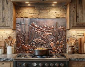 Rustikaler Kupfer Kaktus Backsplash aus gehärtetem Glas, Western Kitchen Decor