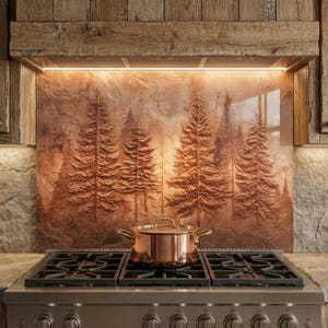 Kupfer Wald Bäume gehärtetes Glas Backsplash, rustikale Küche Dekor