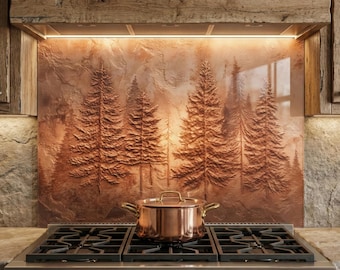 Kupfer Wald Bäume gehärtetes Glas Backsplash, rustikale Küche Dekor