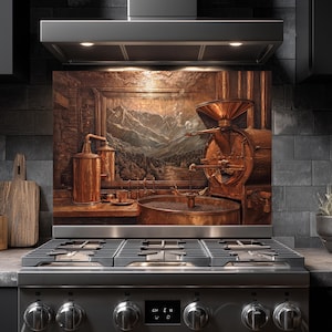 May include: A copper-toned kitchen backsplash featuring a mountain landscape scene. The image includes a coffee roaster, copper tanks, and a large copper basin. The backsplash is installed above a stainless steel gas range with black knobs.