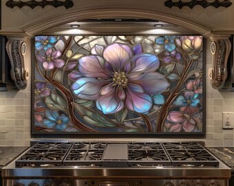 Iridescent Stained Glass Flower Backsplash - Floral Glass Splashback, Luxury Kitchen Backsplash Panel, Stove Wall Decor