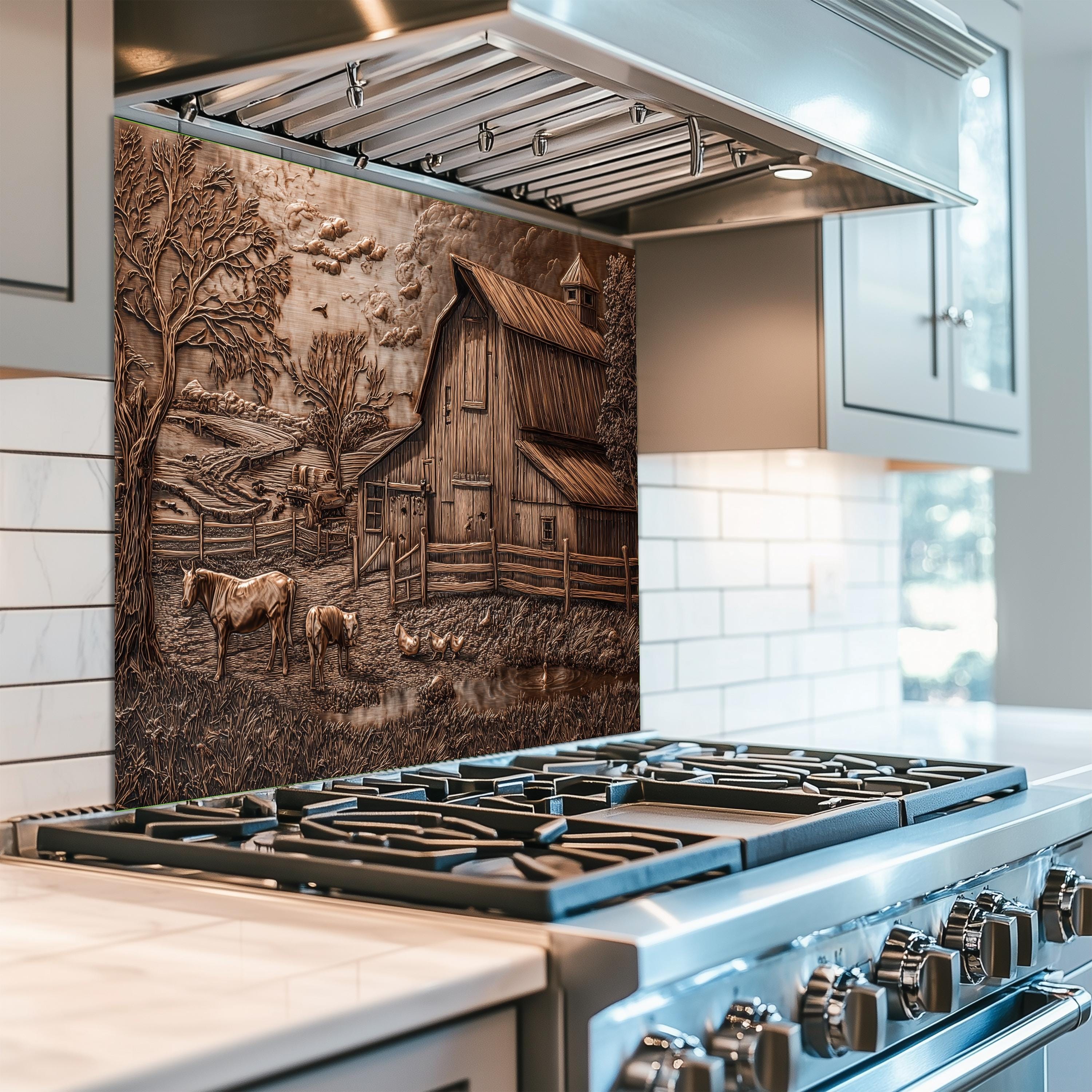 Farmyard Splashback Vintage Barn Farm Backsplash - Rustic Copper Landscape Glass Splashback ...