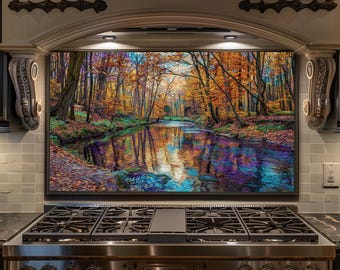 Autumn Forest Stream Backsplash - Fall River Glass Splashback, Colorful Kitchen Stove Backsplash Panel Nature Decor