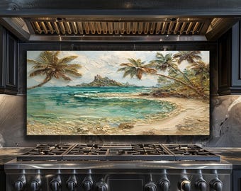 Tropical Beach Tempered Glass Kitchen Backsplash – Palm Island Ocean Coastal Stove Splashback