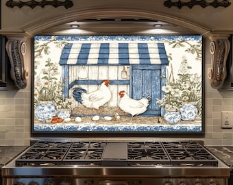 Chicken Coop Farmhouse Backsplash - Blue White Rustic Glass Splashback, Country Kitchen Stove Backsplash Panel Decor