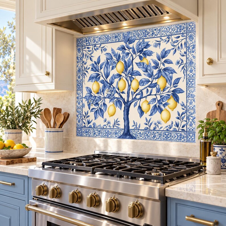 Right-angle view of the blue lemon tree glass backsplash behind a gas range in a sunlit Mediterranean-style kitchen.