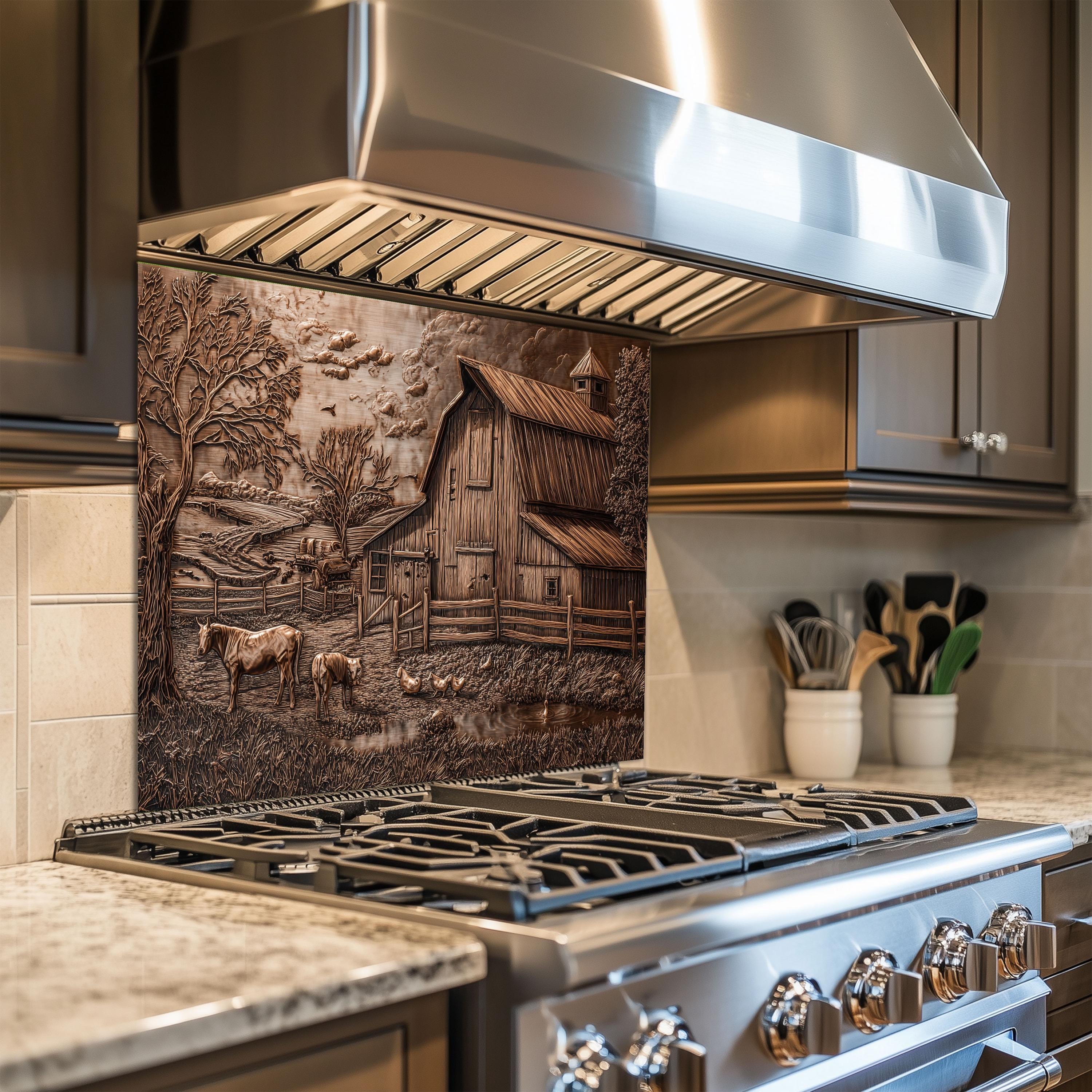 Farmyard Splashback Vintage Barn Farm Backsplash - Rustic Copper Landscape Glass Splashback ...