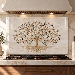 Puede incluir: Un panel rectangular para salpicadero de cocina con un patrón de mármol beige y una ilustración central de un árbol de la vida. El árbol tiene un tronco y raíces doradas con ramas intrincadas, hojas verdes y pequeños detalles florales.