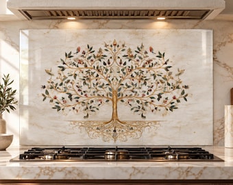 Può includere: Un pannello rettangolare per paraschizzi da cucina con motivo in marmo beige e un'illustrazione centrale di un albero della vita. L'albero presenta tronco e radici dorate con rami intricati, foglie verdi e piccoli accenti floreali colorati.