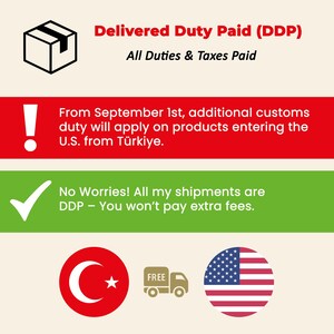 The image is a collage of three images: a red and white checkmark, a green checkmark, and a red and white checkmark, along with a Turkish flag and an American flag. The text above the images states "Delivered Duty Paid (DDP) All Duties & Taxes Paid", and below the images, it says "From September 1st, additional customs duty will apply on products entering the U.S. from Turkey." The image also includes a "FREE" truck icon, indicating that there are no extra fees for shipping.