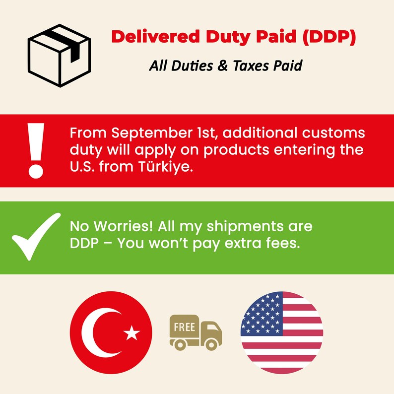 The image is a collage of three images: a red and white checkmark, a green checkmark, and a red and white checkmark, along with a Turkish flag and an American flag. The text above the images states "Delivered Duty Paid (DDP) All Duties & Taxes Paid", and below the images, it says "From September 1st, additional customs duty will apply on products entering the U.S. from Turkey." The image also includes a "FREE" truck icon, indicating that there are no extra fees for shipping.